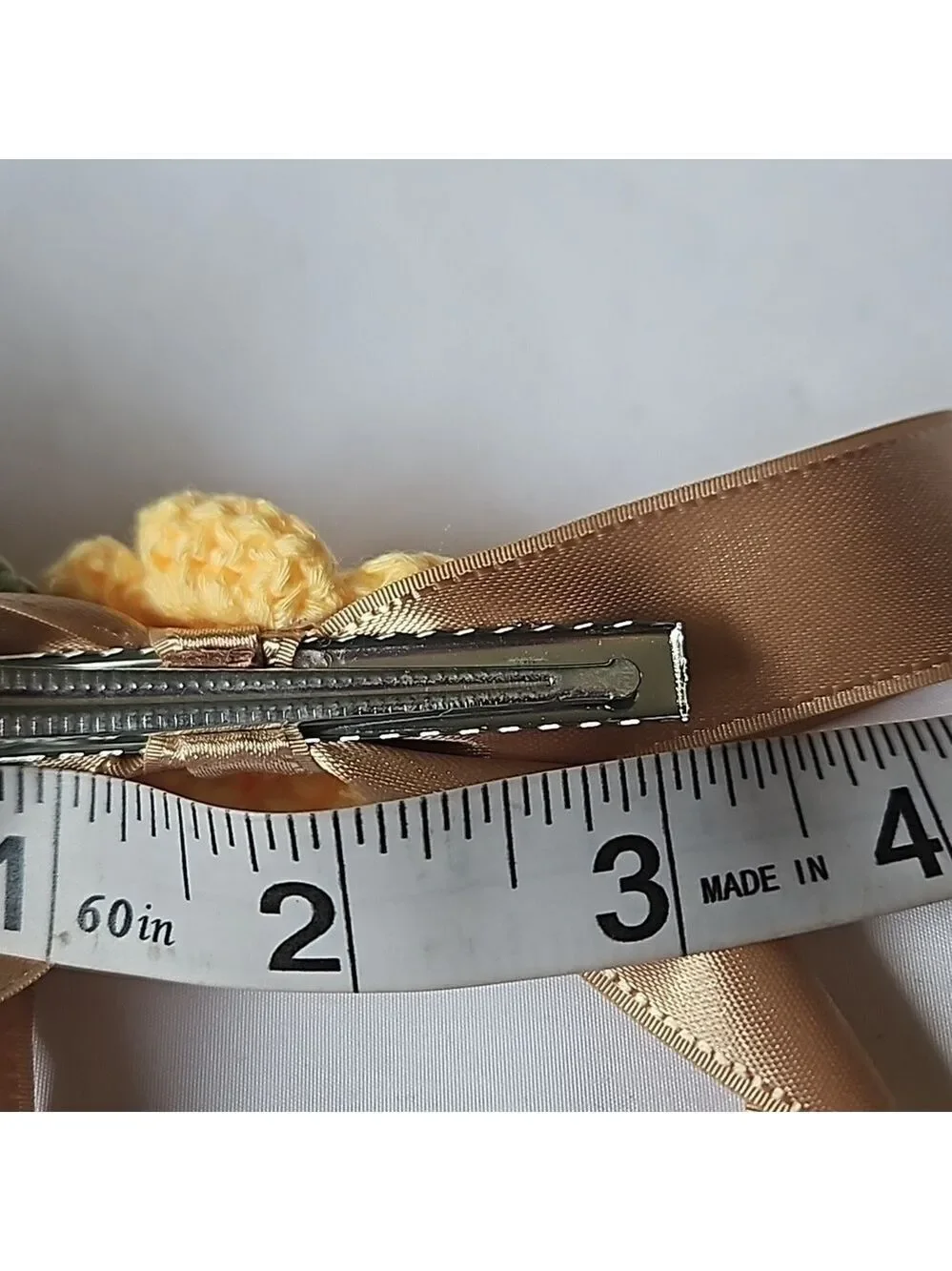 Gold Bow Hair Clip Yellow Crochet Rose Handmade